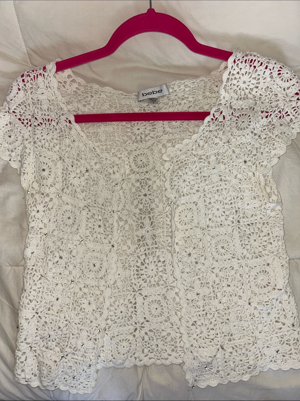 bebe White Crochet Open-Front Short Sleeve Cardigan